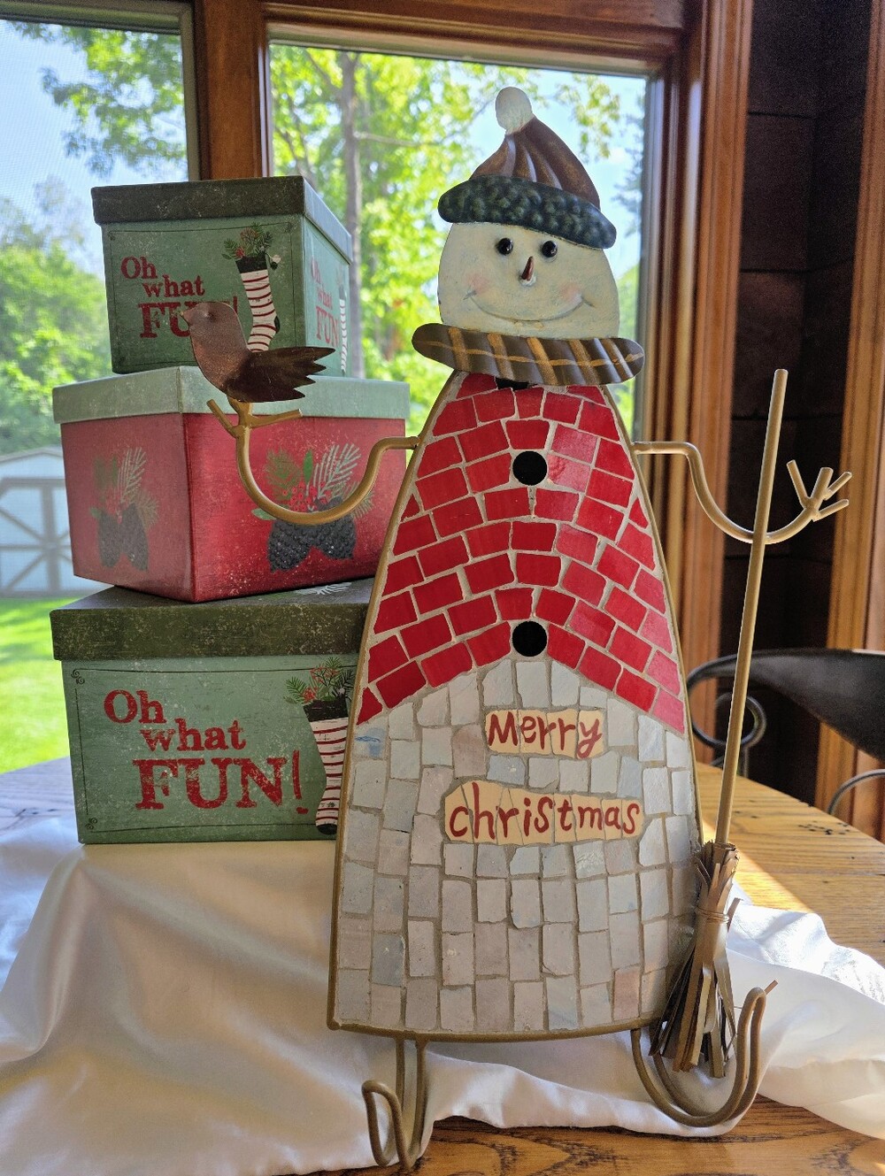 Mosaic Red & White Snowman Holiday Décor - & 3 Holiday Display / Gift Boxes